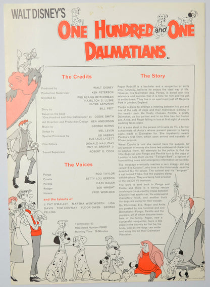 One Hundred and One Dalmatians (a.k.a. 101 Dalmatians) Original Cinema Exhibitors Synopsis / Credits Sheet (UK)