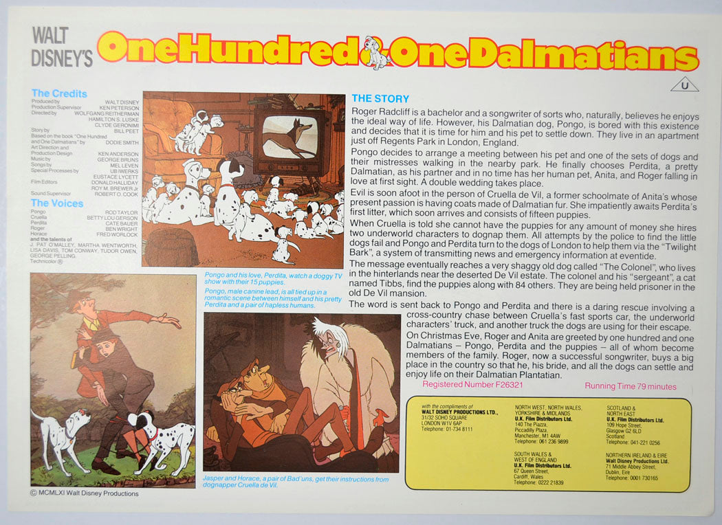 ONE HUNDRED AND ONE DALMATIANS Cinema Exhibitors Synopsis Credits Sheet - BACK  