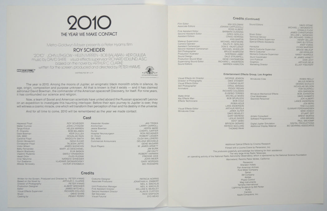 2010 : THE YEAR WE MAKE CONTACT Cinema Exhibitors Press Synopsis Credits Booklet - INSIDE 