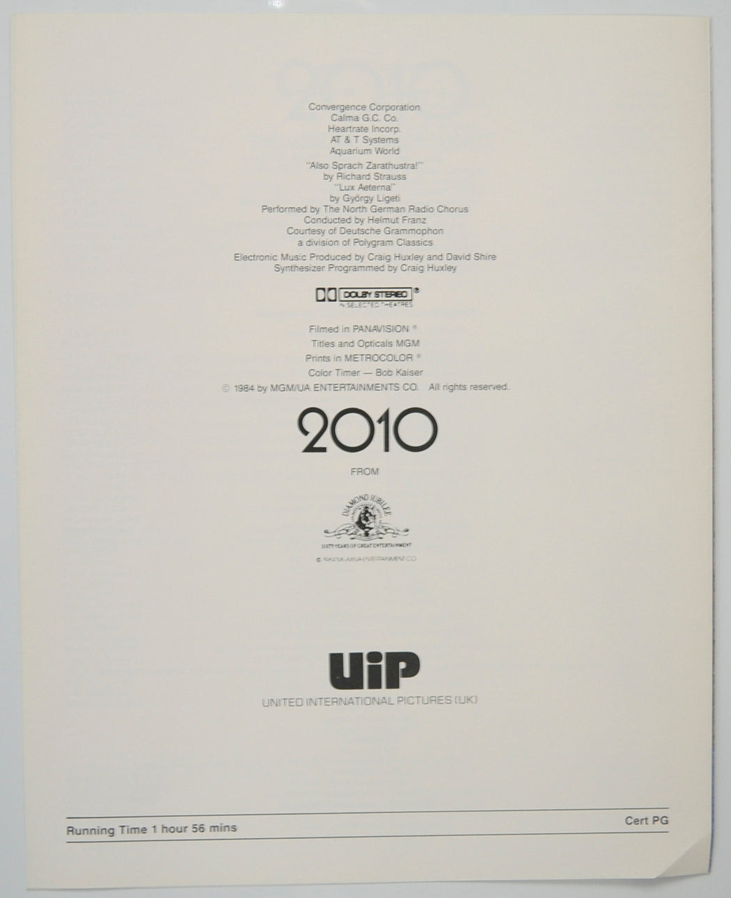 2010 : THE YEAR WE MAKE CONTACT Cinema Exhibitors Press Synopsis Credits Booklet - BACK 