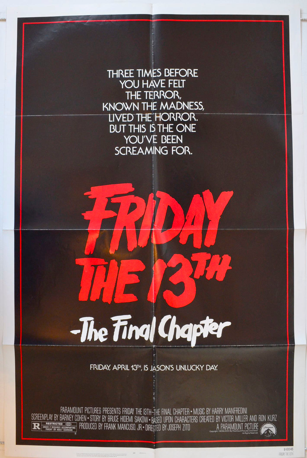 Friday 13th : The Final Chapter Original One Sheet Poster - Movie Poster