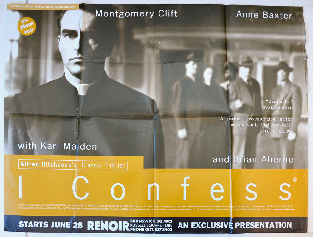 I Confess   (1995 re-release of the 1953 Hitchock Classic)  Original British Quad Poster - Movie Poster