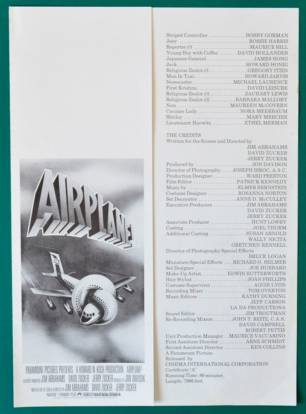 Airplane Original Cinema Synopsis / Credits Leaflet + Advertising Blocks Sheet 