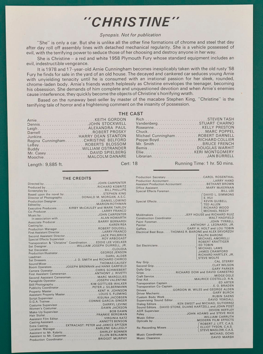 Christine Original 19 Page Cinema Exhibitors Production Information Document + Synopsis / Credits Sheet 