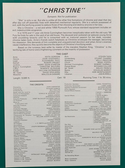 Christine Original 19 Page Cinema Exhibitors Production Information Document + Synopsis / Credits Sheet 