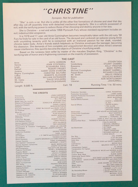 Christine Original 19 Page Cinema Exhibitors Production Information Document + Synopsis / Credits Sheet 