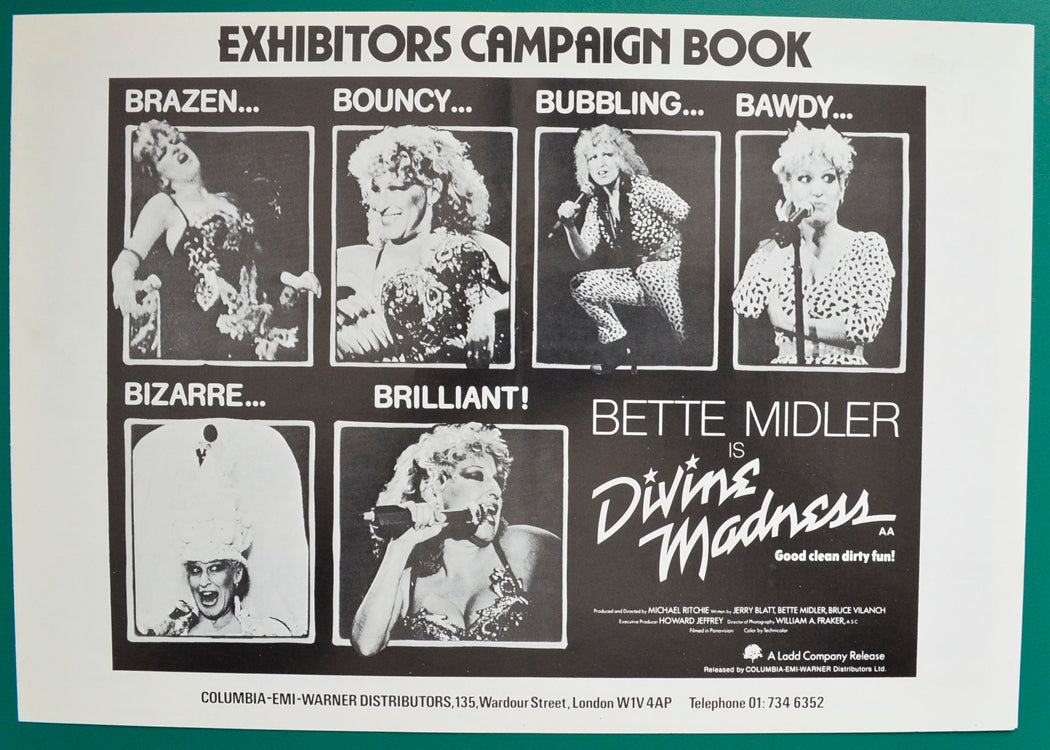 Divine Madness (Bette Midler Is) Original 4 Page Cinema Exhibitor's Campaign Press Book  + Synopsis Booklet with colour front. 