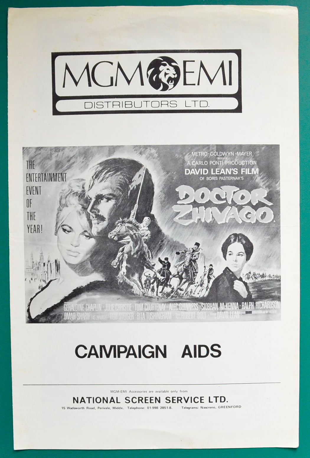 Doctor Zhivago Original 4 Page Cinema Exhibitor's Campaign Press Book  + Synopsis Sheet. 