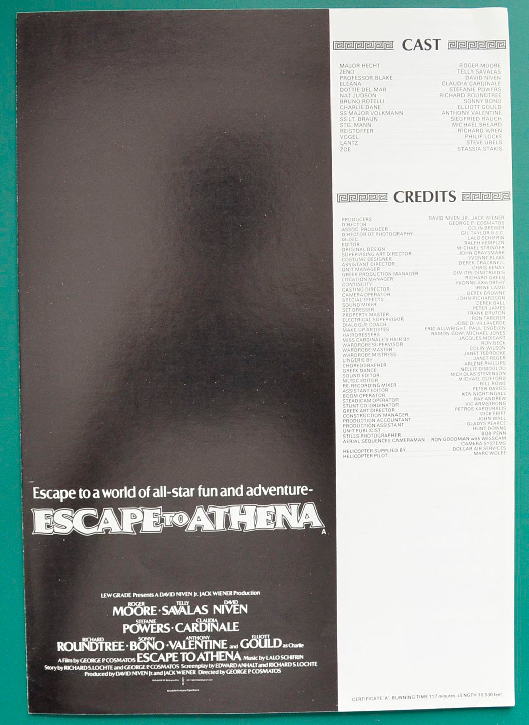 Escape To Athena Original 4 Page Cinema Exhibitor's Campaign Press Book  + Synopsis Booklet with colour front. 