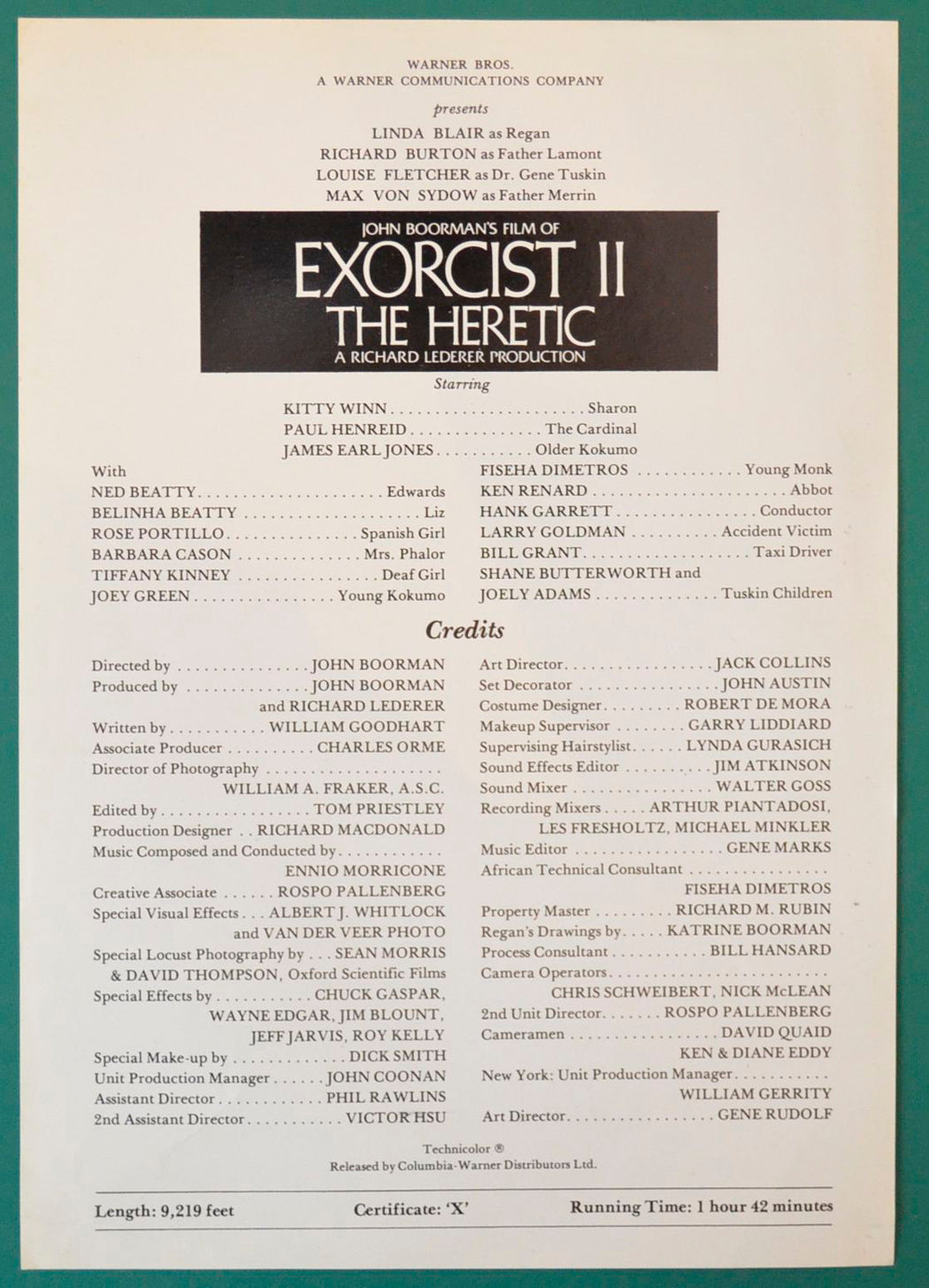 The Exorcist 2 - Synopsis Sheet - Back width="125" height="173