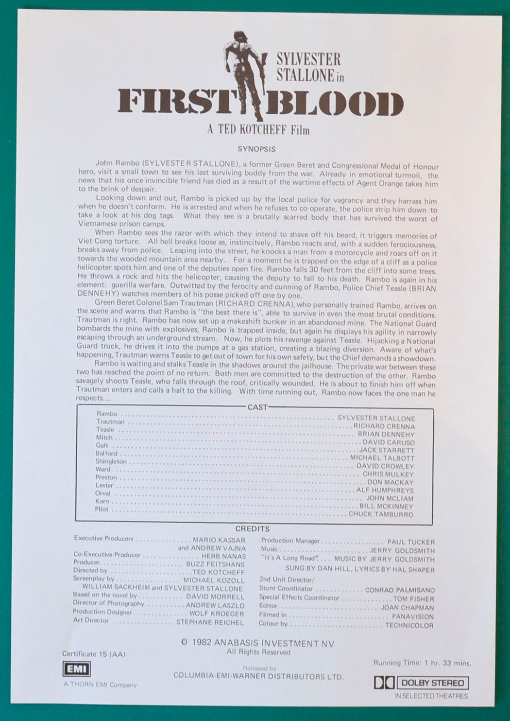 FIRST BLOOD - Synopsis Sheet