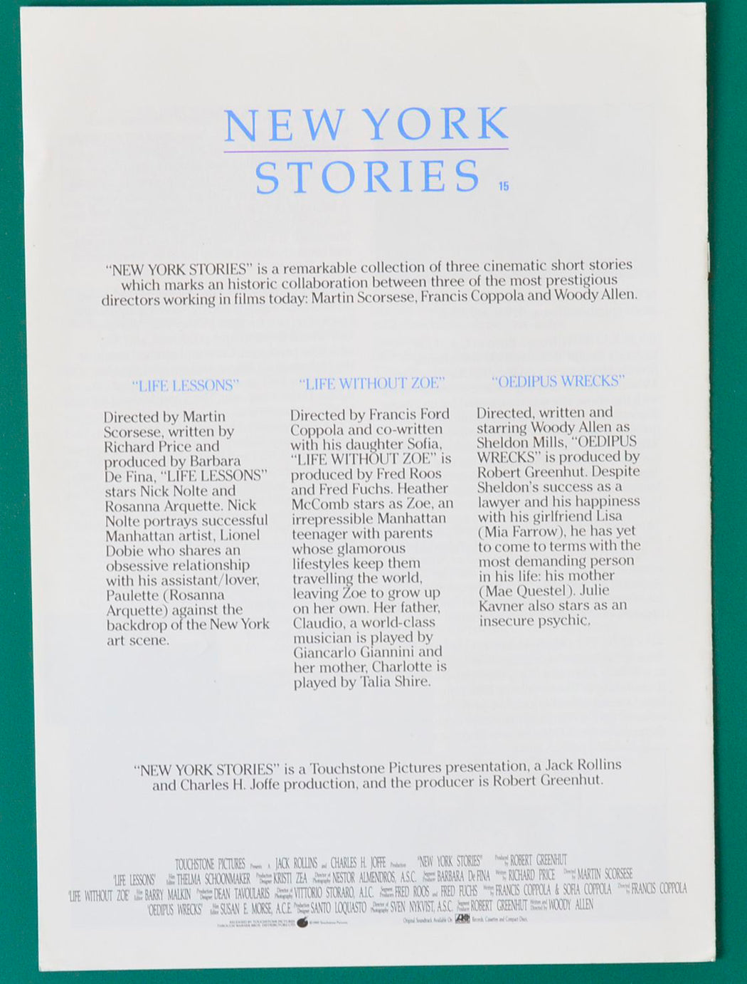 New York Stories - Info Booklet - Back