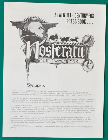 Nosferatu The Vampyre Original 4 Page Cinema Exhibitors Campaign Press Book + Synopsis / Credits Booklet 