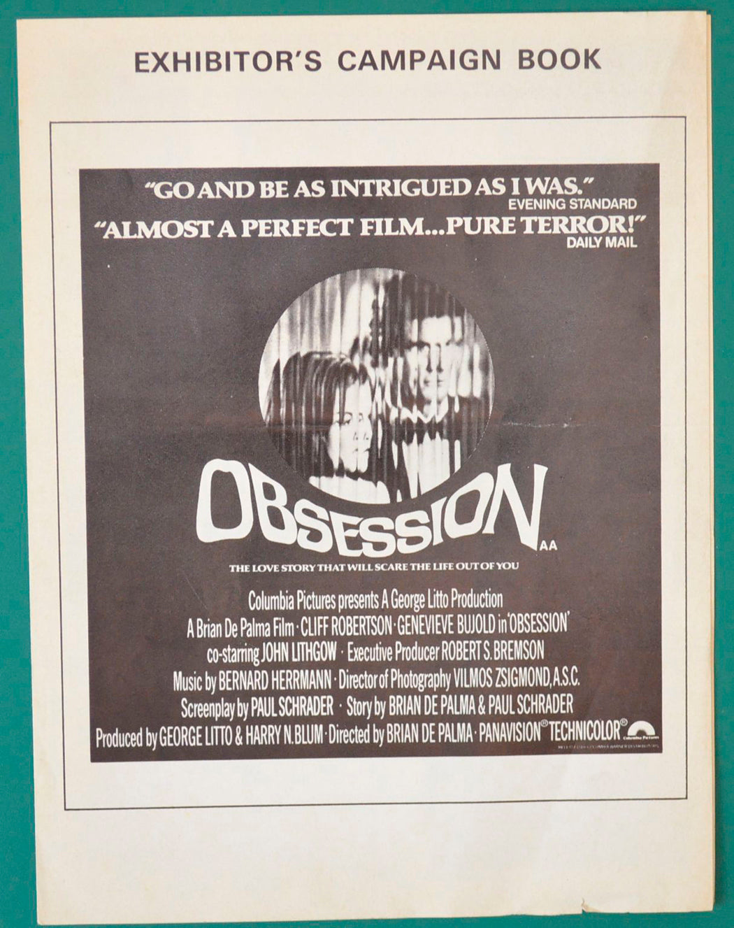 Obsession Original 4 Page Cinema Exhibitors Campaign Press Book 