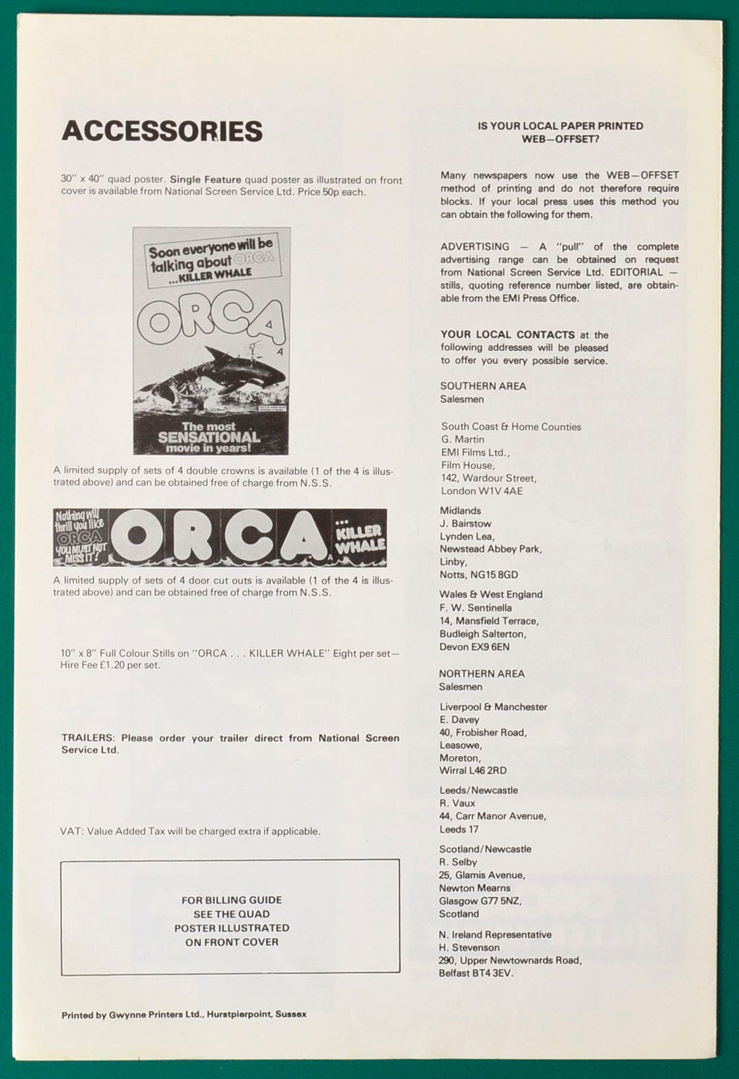 ORCA ...THE KILLER WHALE - Press Book - Back