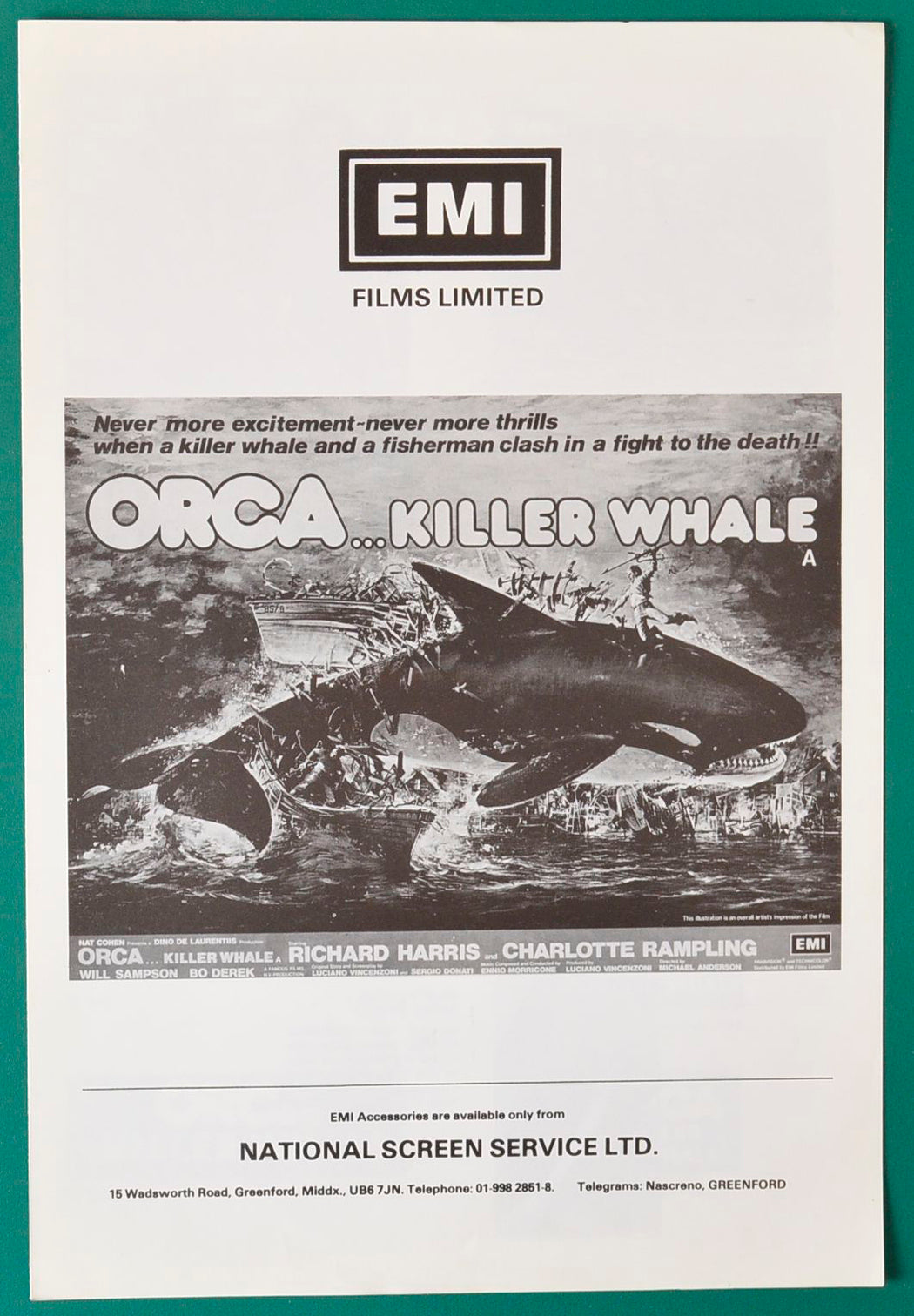 Orca The Killer Whale Original 4 Page Cinema Exhibitors Campaign Press Book + Synopsis / Credits Sheet 