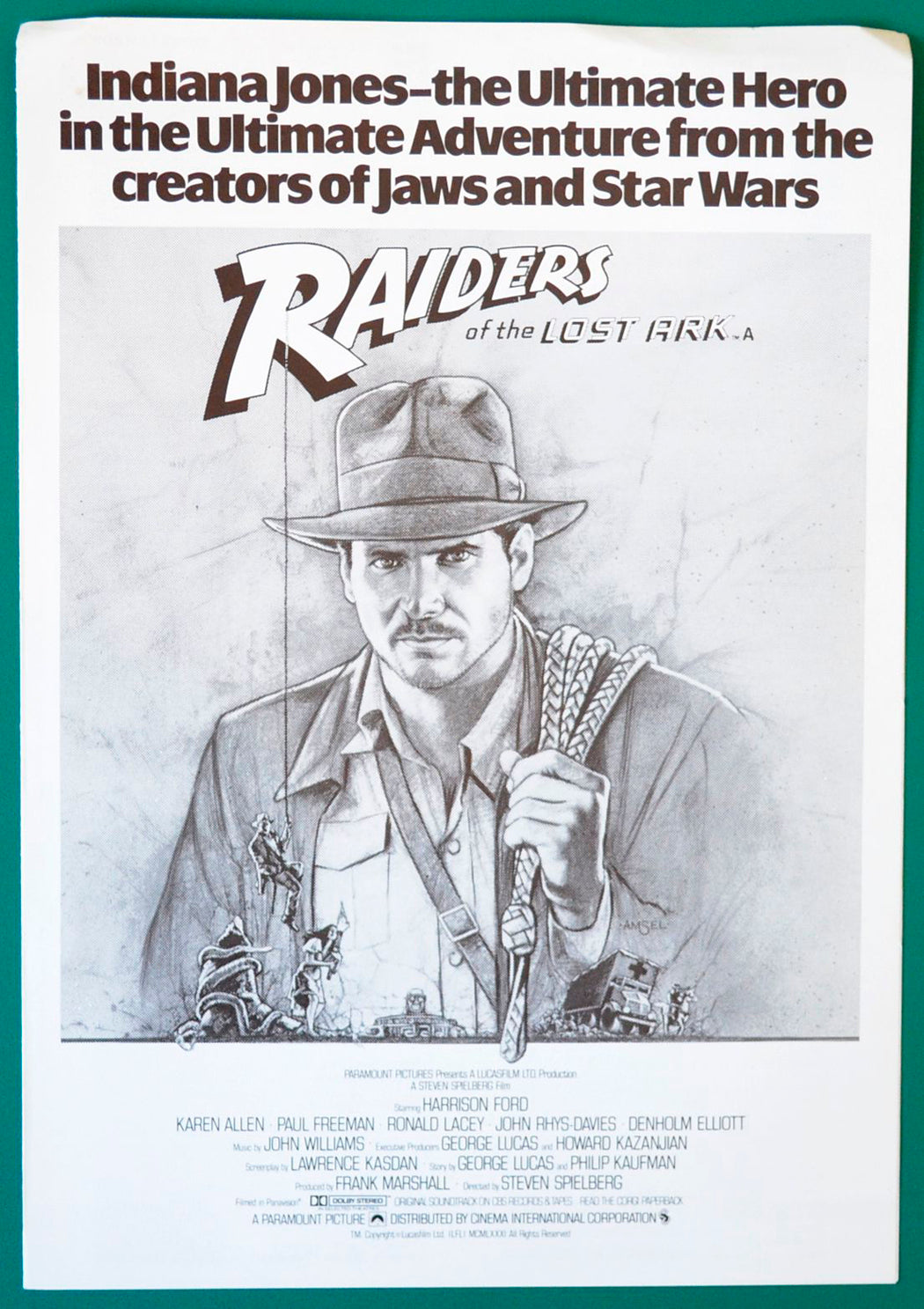 Raiders Of The Lost Ark Original 4 Page Cinema Exhibitors Synopsis / Credits Booklet  + 2 Advertising Promotion Guide Sheets. 