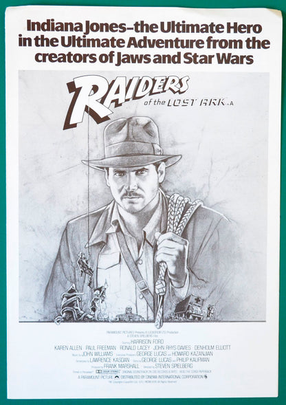 Raiders Of The Lost Ark Original 4 Page Cinema Exhibitors Synopsis / Credits Booklet  + 2 Advertising Promotion Guide Sheets. 