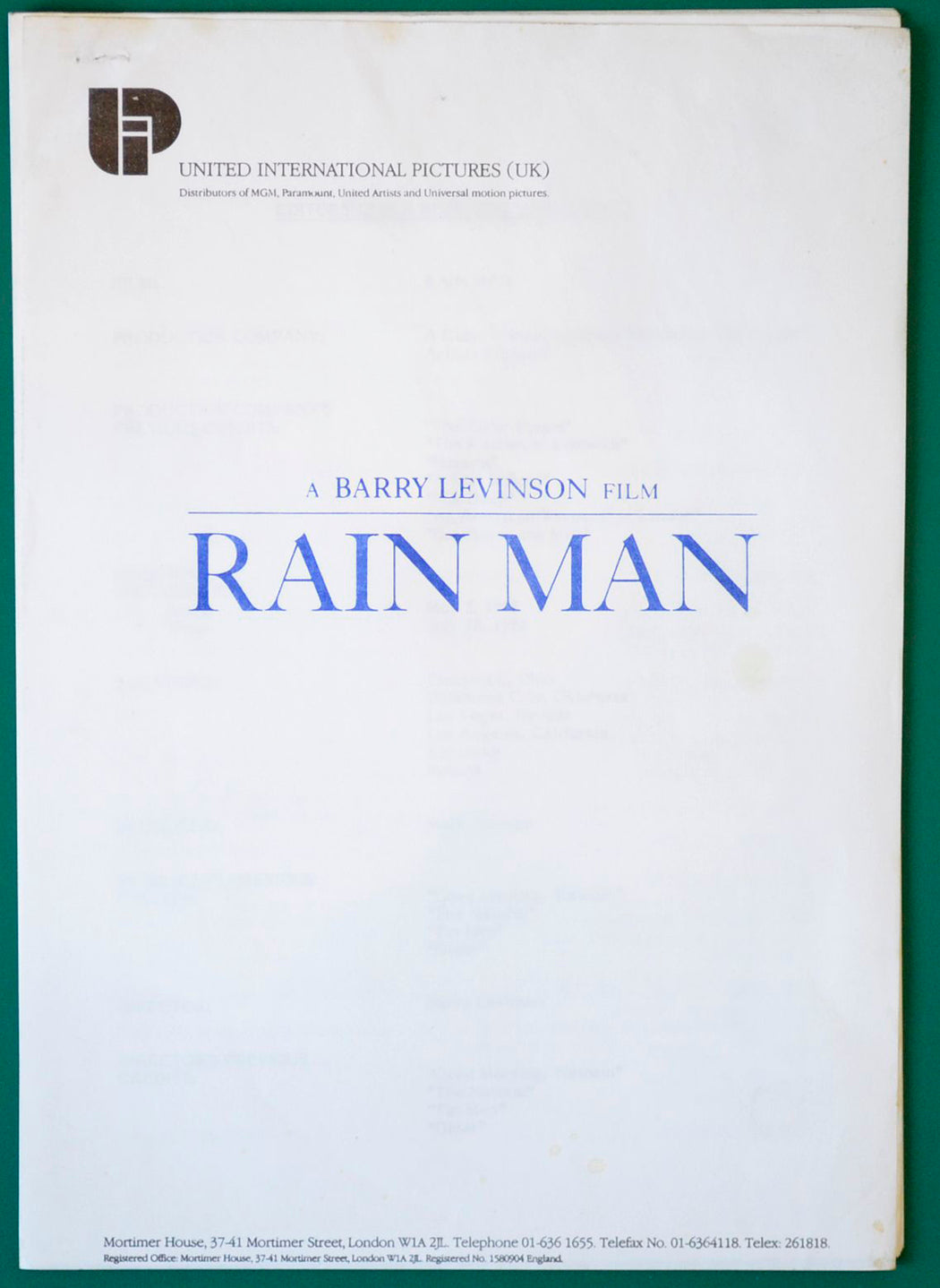 Rain Man - Production Info width="125" height="171