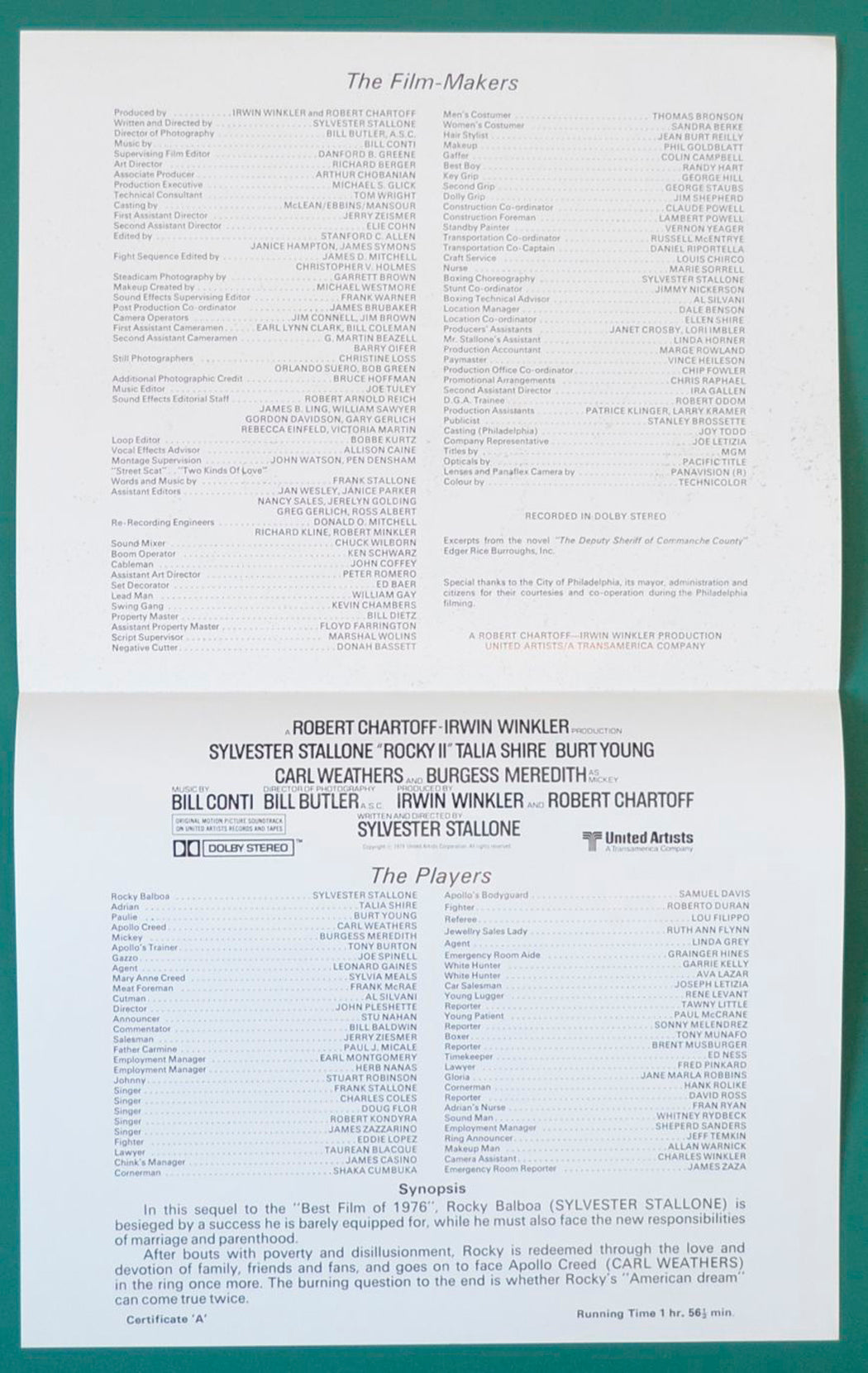 Rocky II - Synopsis Leaflet - Inside width="125" height="198