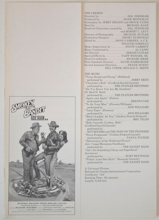 Smokey And The Bandit Ride Again Original Synopsis / Credits Sheet + Advertising Blocks Sheet 