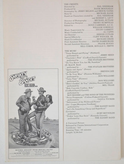 Smokey And The Bandit Ride Again Original Synopsis / Credits Sheet + Advertising Blocks Sheet 