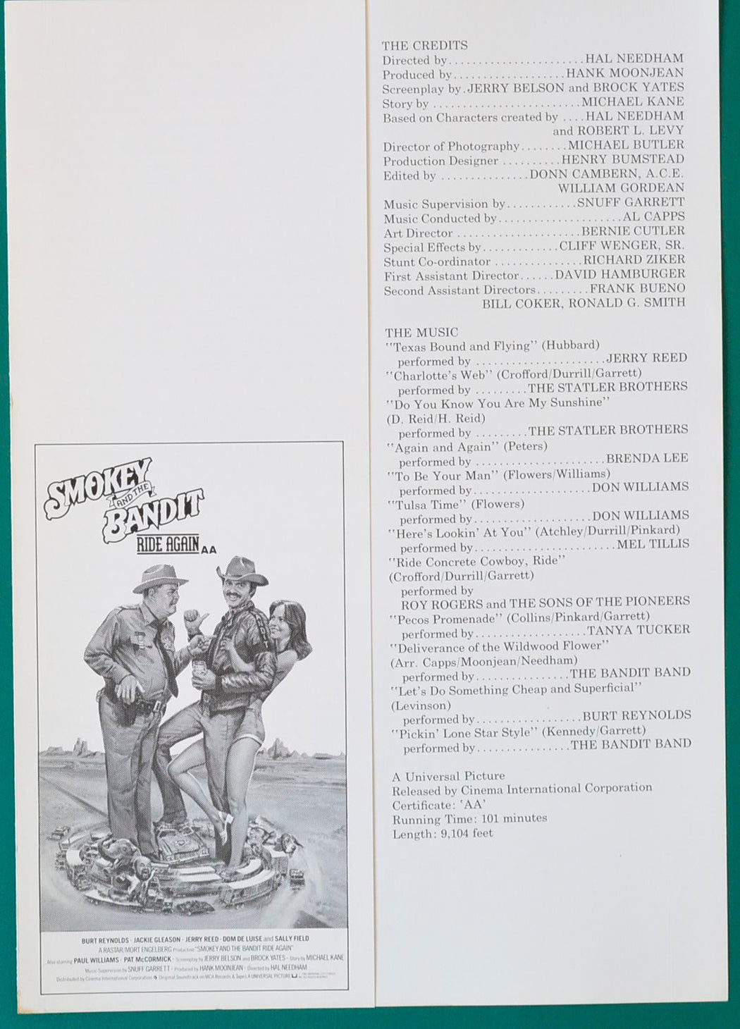 Smokey And The Bandit Ride Again Original Synopsis / Credits Sheet 