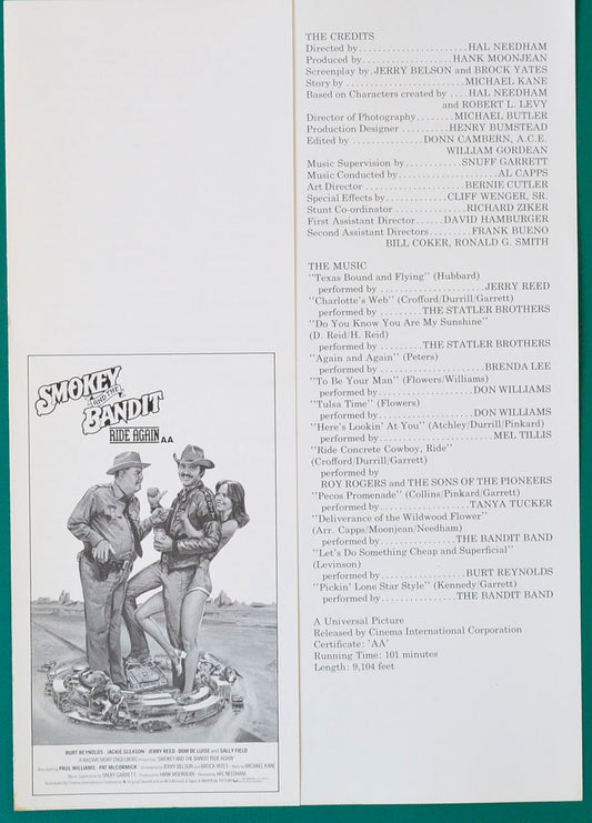 Smokey And The Bandit Ride Again Original Synopsis / Credits Sheet 