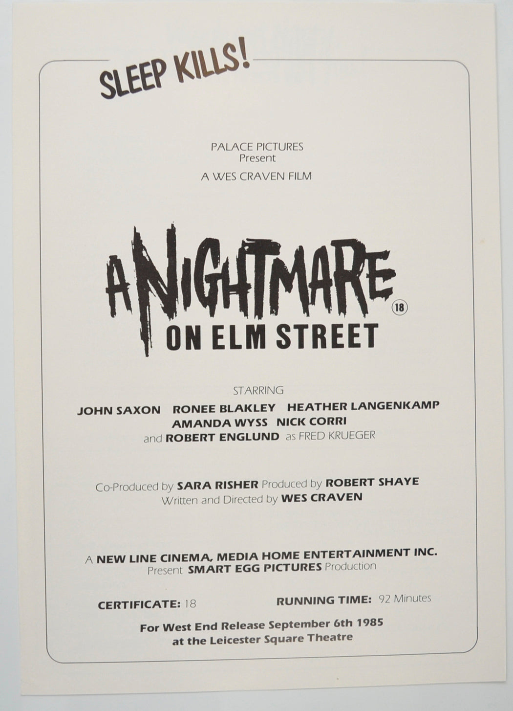 A Nightmare On Elm Street Original Cinema Exhibitors Press Synopsis / Credits Booklet (UK)