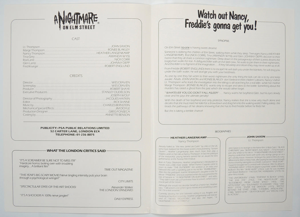 A NIGHTMARE ON ELM STREET Cinema Exhibitors Press Synopsis Credits Booklet - INSIDE 