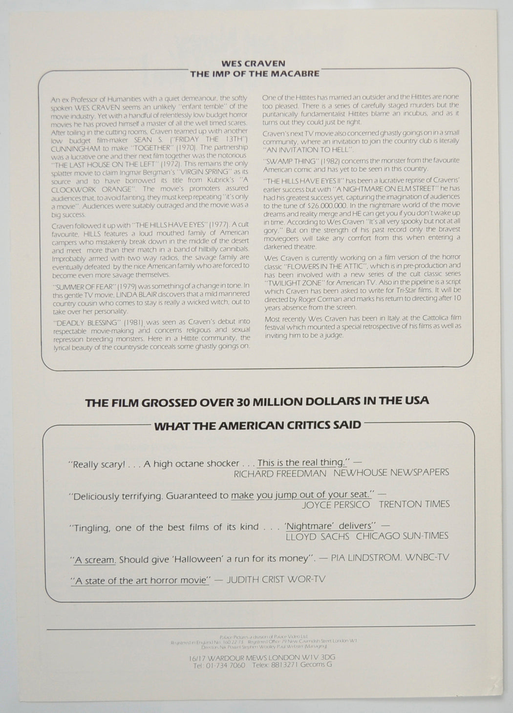 A NIGHTMARE ON ELM STREET Cinema Exhibitors Press Synopsis Credits Booklet - BACK 