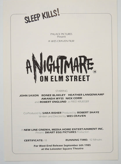 A Nightmare On Elm Street Original Cinema Exhibitors Press Synopsis / Credits Booklet (UK)