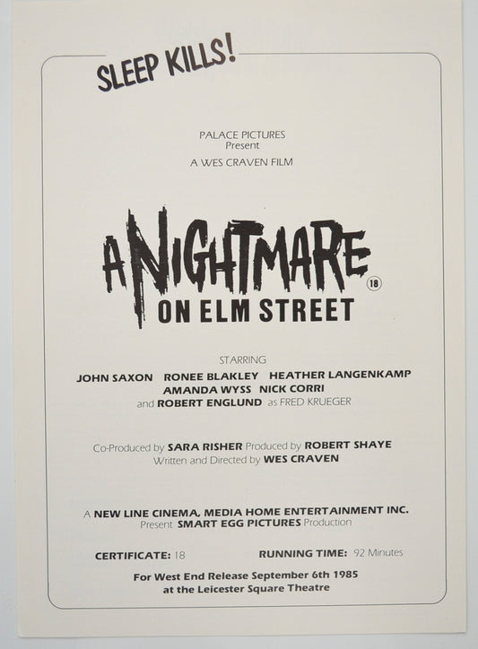 A Nightmare On Elm Street Original Cinema Exhibitors Press Synopsis / Credits Booklet (UK)