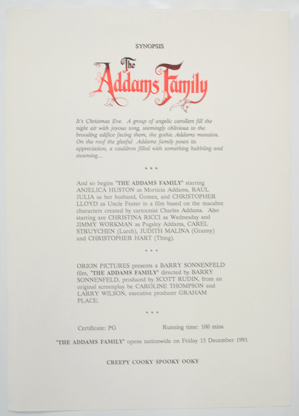 THE ADDAMS FAMILY Cinema Exhibitors Campaign Pressbook - SYNOPSIS 