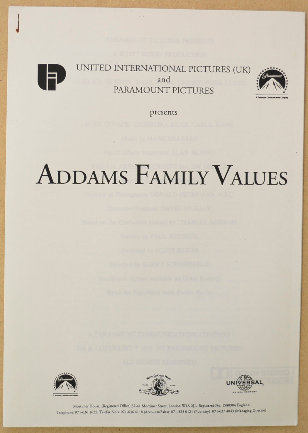 ADDAMS FAMILY VALUES Original Cinema Press Kit – Production Info 