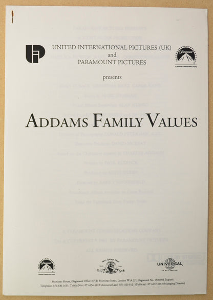 ADDAMS FAMILY VALUES Original Cinema Press Kit – Production Info 