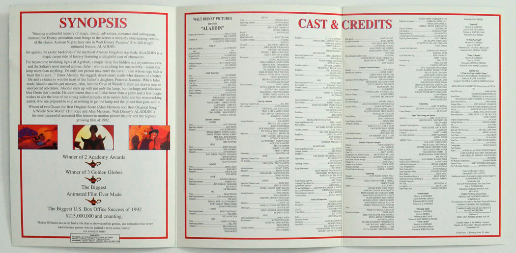 ALADDIN – Synopsis / Credits Booklet - Inside