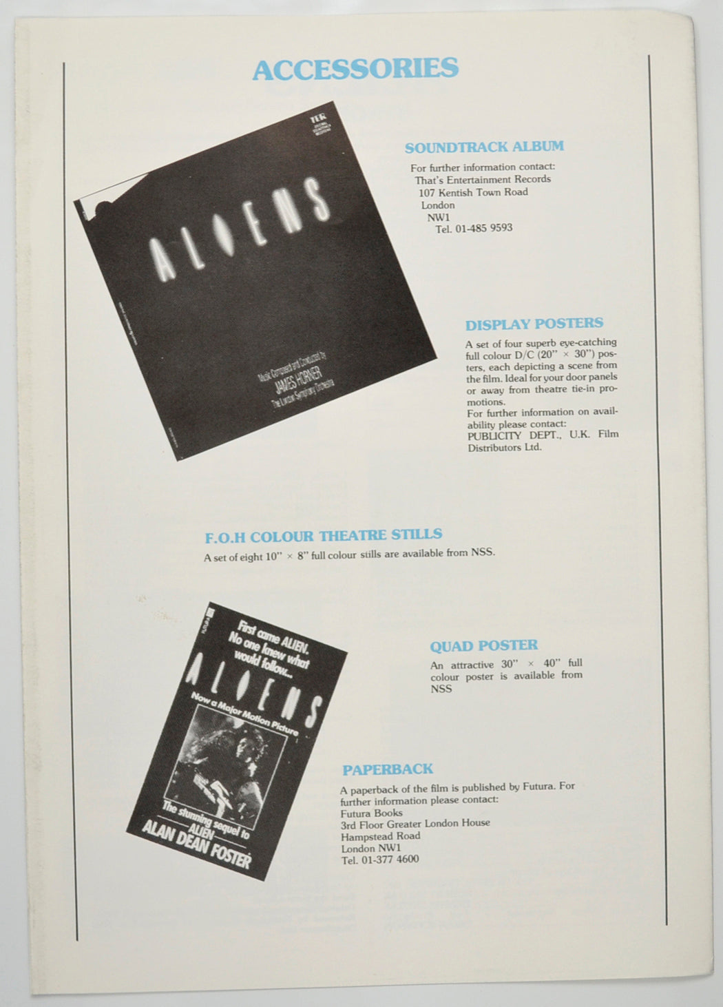 ALIENS Cinema Exhibitors Campaign Pressbook - BACK 