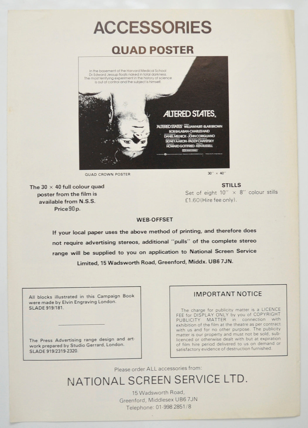 ALTERED STATES Cinema Exhibitors Campaign Pressbook - BACK 