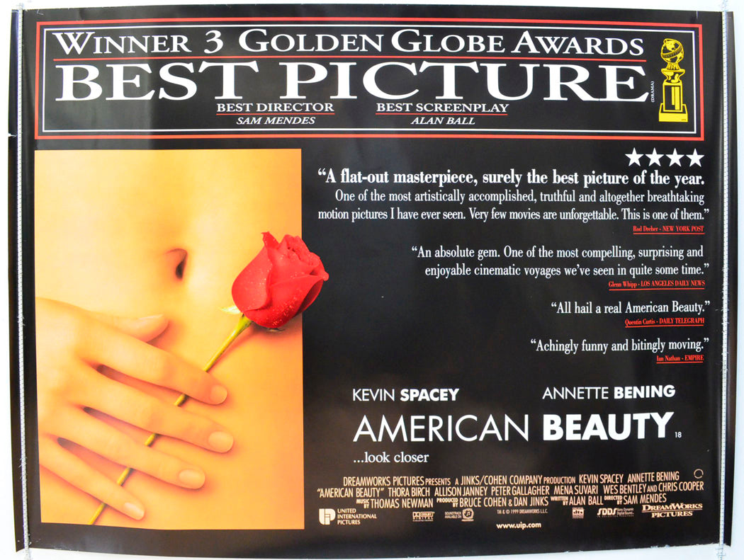 American Beauty  (Golden Globes Winner Version)   Original British Quad Poster - Film Poster - Movie Poster 