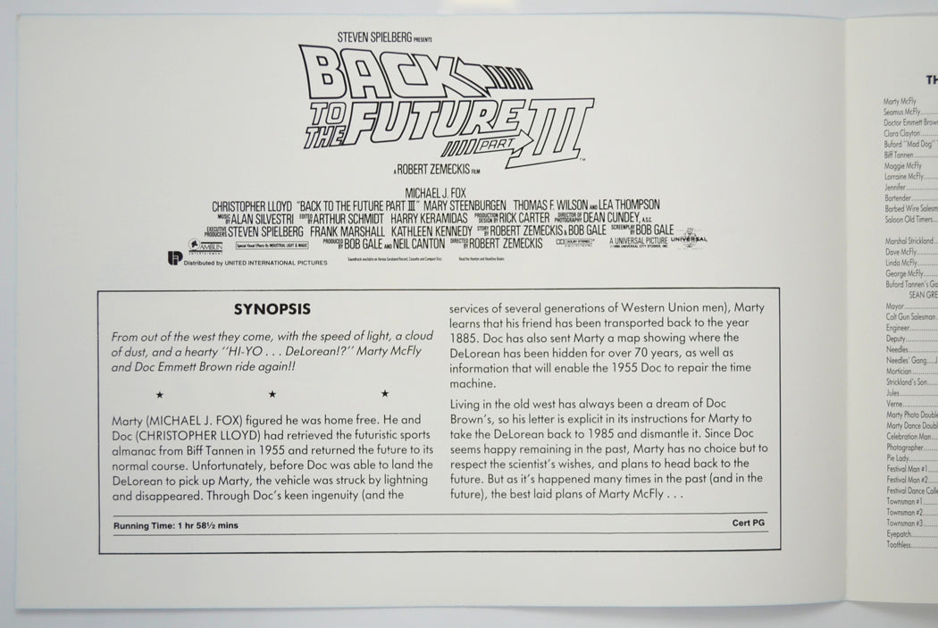 BACK TO THE FUTURE PART III Cinema Exhibitors Press Synopsis Credits Booklet - INSIDE 