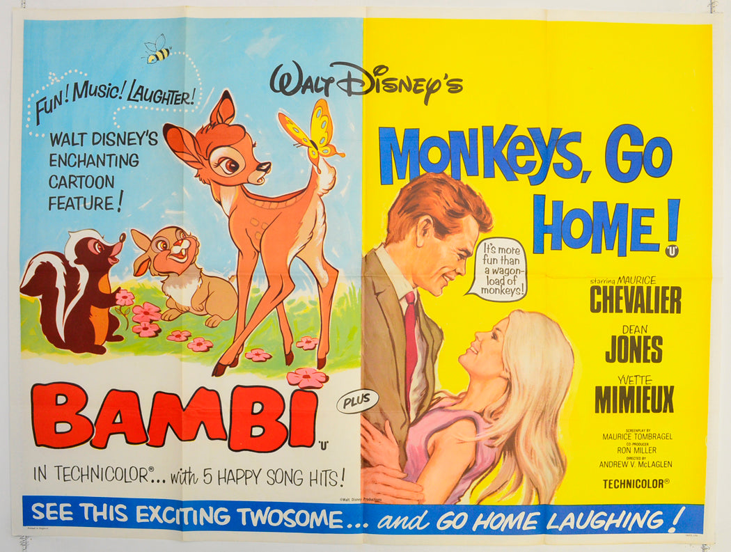 Bambi / Monkeys Go Home  (Double Bill)   Original Quad Poster - Film Poster - Movie Poster  