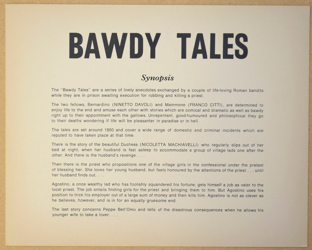 BAWDY TALES (Card 1) Cinema Set of Black and White FOH Stills / Lobby Cards 