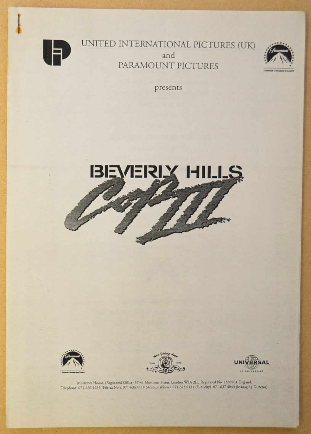 BEVERLY HILLS COP III Original Cinema Press Kit – Production Info 