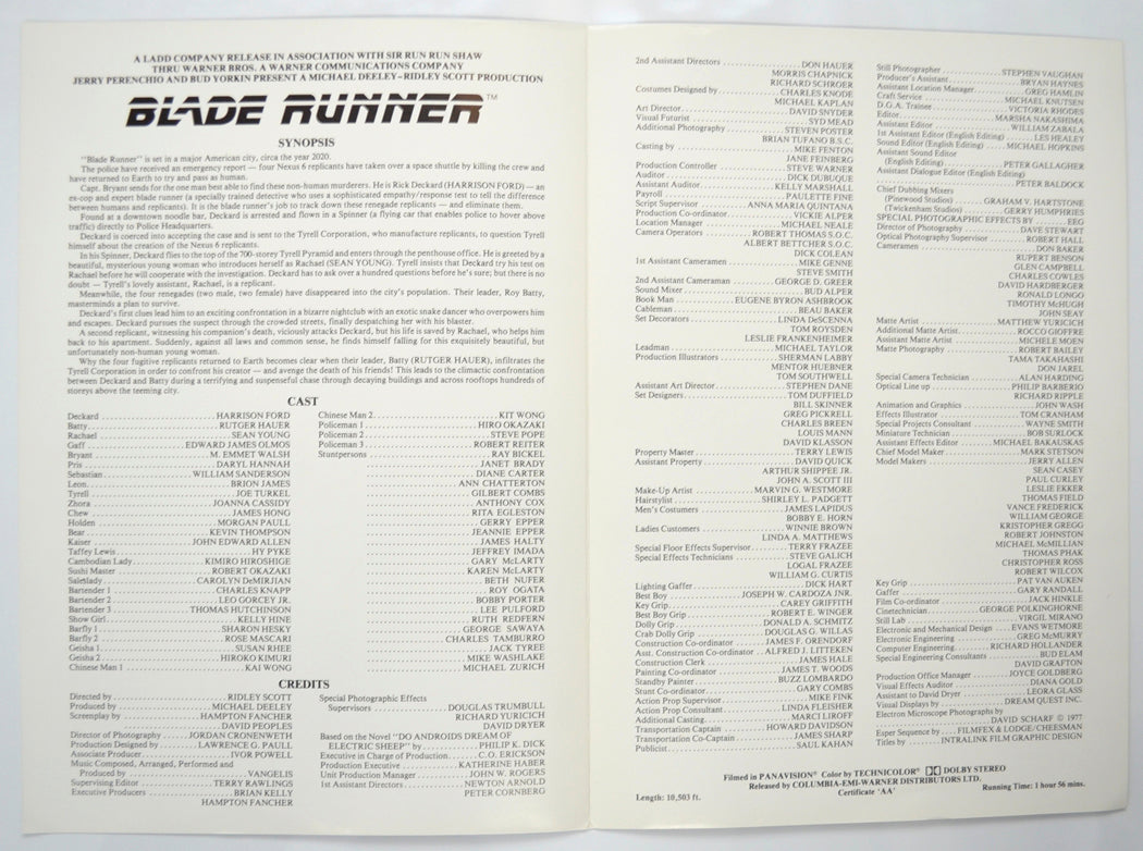 BLADE RUNNER Cinema Exhibitors Press Synopsis Credits Booklet - INSIDE 