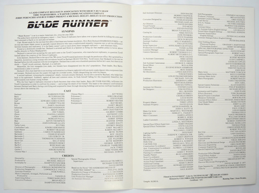 BLADE RUNNER Cinema Exhibitors Press Synopsis Credits Booklet - INSIDE 