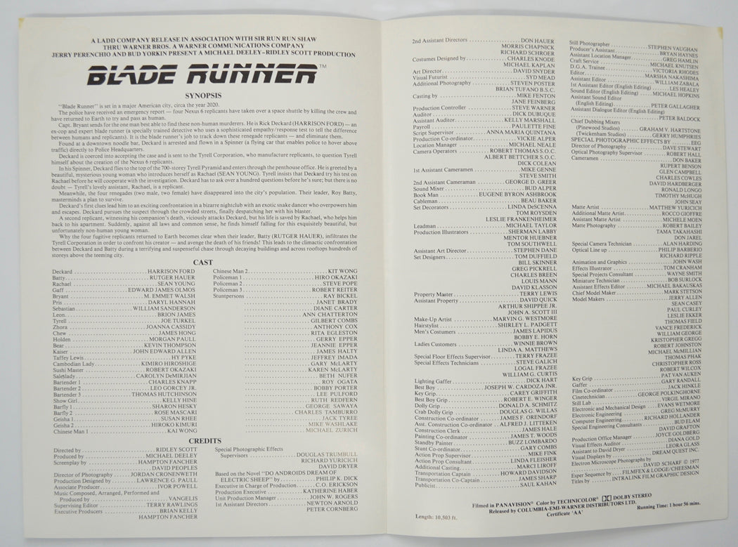 BLADE RUNNER Cinema Exhibitors Press Synopsis Credits Booklet - INSIDE 