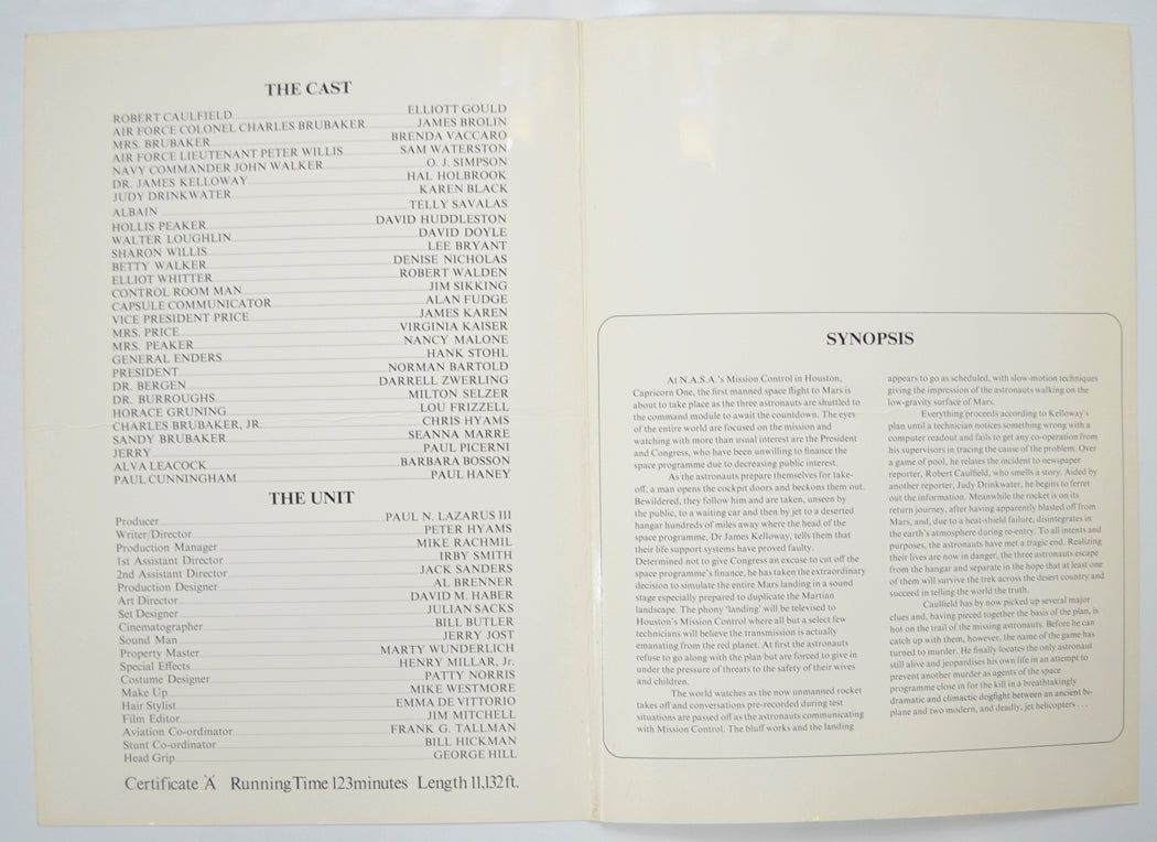 CAPRICORN ONE Cinema Exhibitors Press Synopsis Credits Booklet - INSIDE 