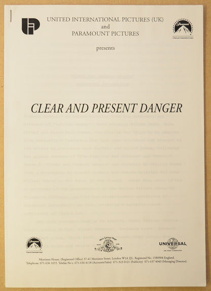 CLEAR AND PRESENT DANGER Original Cinema Press Kit – Production Info 