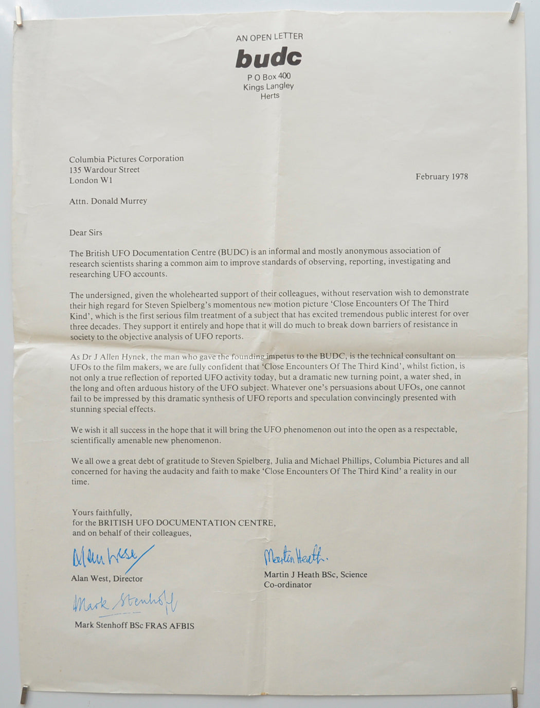 Close Encounters Of The Third Kind - Original Crown Size Open Letter from the BUDC (British UFO Documentation Centre)